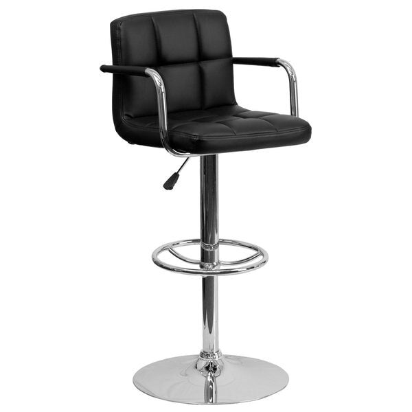Black Quilted Vinyl Adjustable Height Barstool, Arms, Chrome Base, PK2