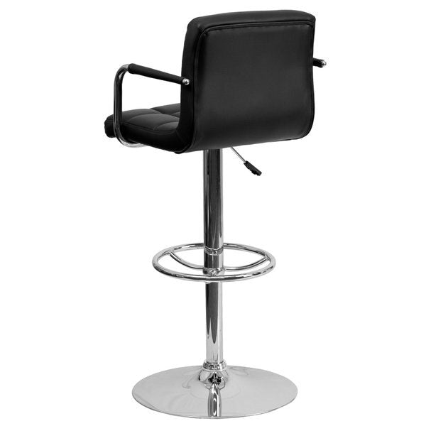 Black Quilted Vinyl Adjustable Height Barstool, Arms, Chrome Base, PK2