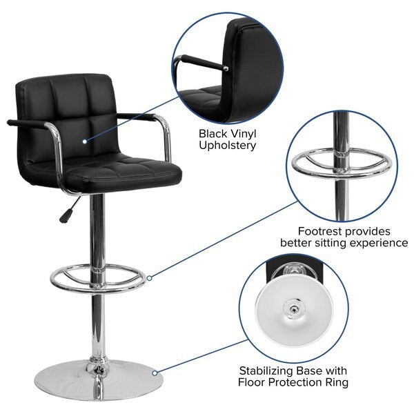 Black Quilted Vinyl Adjustable Height Barstool, Arms, Chrome Base, PK2