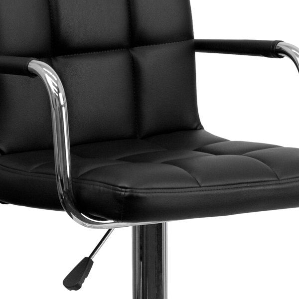 Black Quilted Vinyl Adjustable Height Barstool, Arms, Chrome Base, PK2