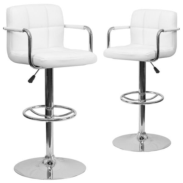 White Quilted Vinyl Adjustable Height Barstool, Arms, Chrome Base, PK2