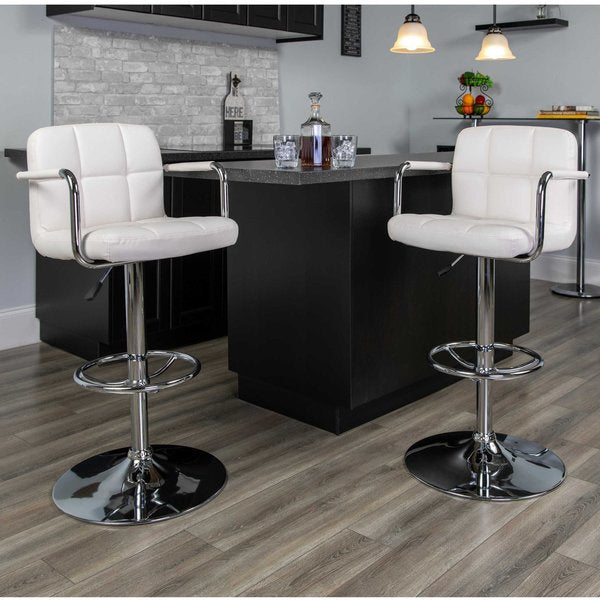 White Quilted Vinyl Adjustable Height Barstool, Arms, Chrome Base, PK2