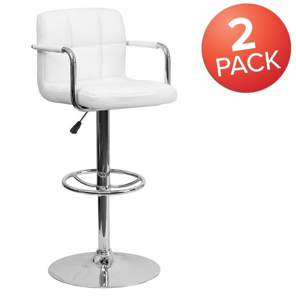White Quilted Vinyl Adjustable Height Barstool, Arms, Chrome Base, PK2