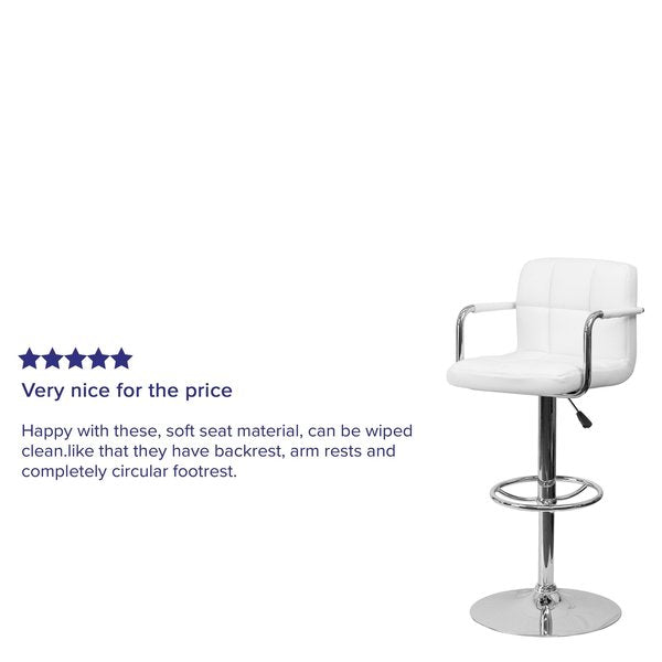 White Quilted Vinyl Adjustable Height Barstool, Arms, Chrome Base, PK2