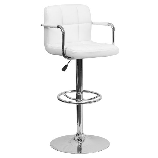 White Quilted Vinyl Adjustable Height Barstool, Arms, Chrome Base, PK2
