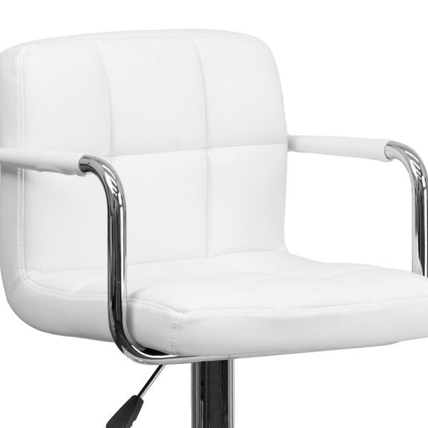 White Quilted Vinyl Adjustable Height Barstool, Arms, Chrome Base, PK2