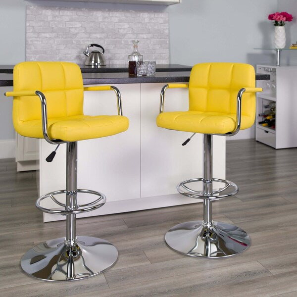 Yellow Quilted Vinyl Adjustable Height Barstool, Arms, Chrome Base, PK2
