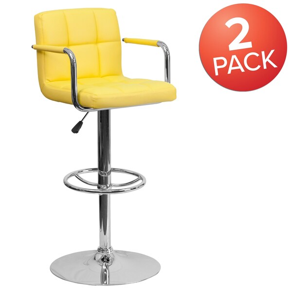 Yellow Quilted Vinyl Adjustable Height Barstool, Arms, Chrome Base, PK2