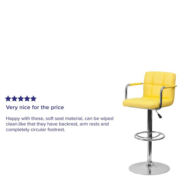 Yellow Quilted Vinyl Adjustable Height Barstool, Arms, Chrome Base, PK2