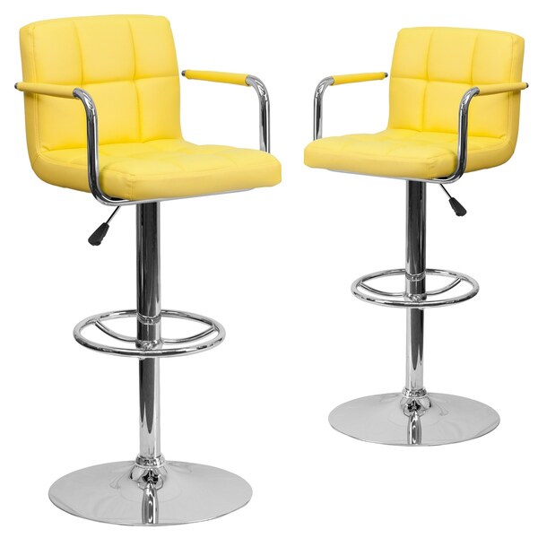 Yellow Quilted Vinyl Adjustable Height Barstool, Arms, Chrome Base, PK2