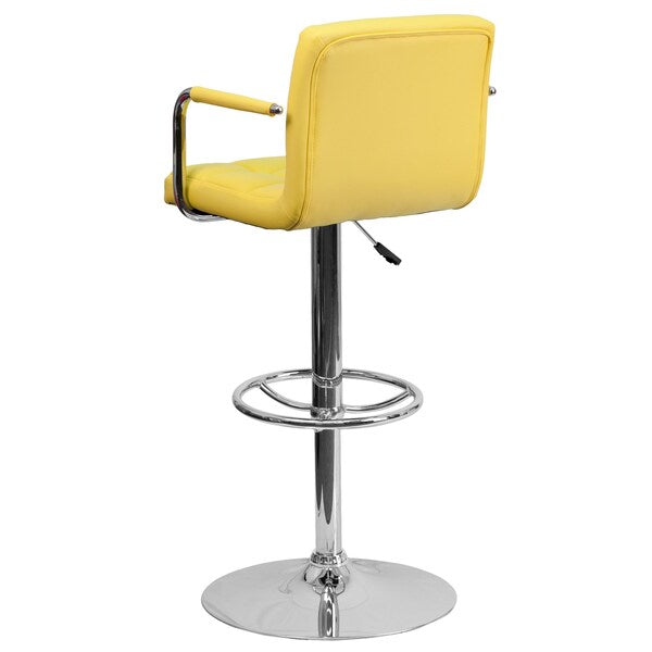 Yellow Quilted Vinyl Adjustable Height Barstool, Arms, Chrome Base, PK2