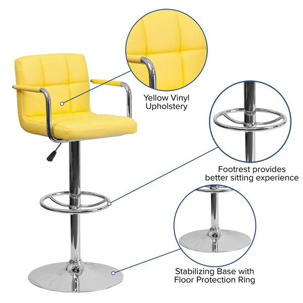 Yellow Quilted Vinyl Adjustable Height Barstool, Arms, Chrome Base, PK2
