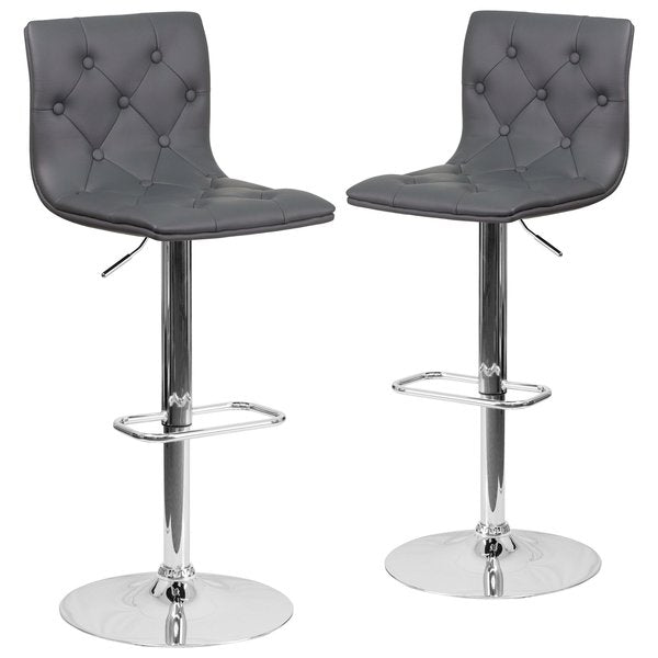 Button Tufted Gray Vinyl Adjustable Height Barstool, Chrome Base, PK2