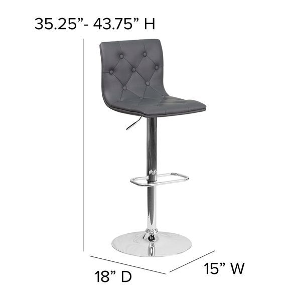 Button Tufted Gray Vinyl Adjustable Height Barstool, Chrome Base, PK2