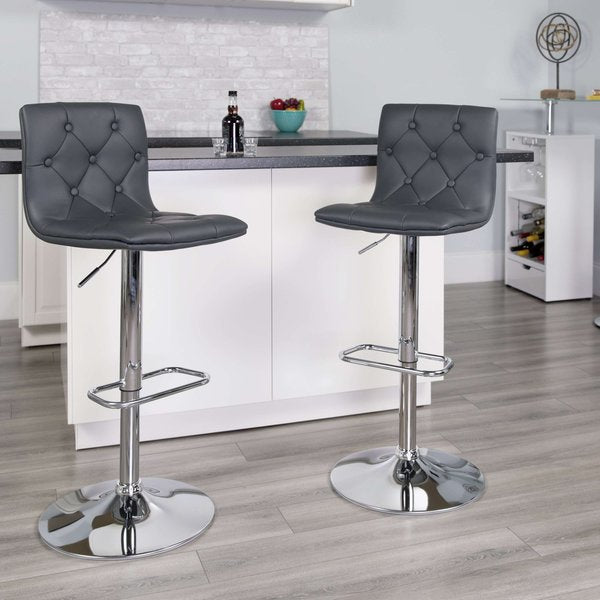 Button Tufted Gray Vinyl Adjustable Height Barstool, Chrome Base, PK2