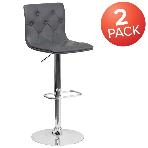 Button Tufted Gray Vinyl Adjustable Height Barstool, Chrome Base, PK2