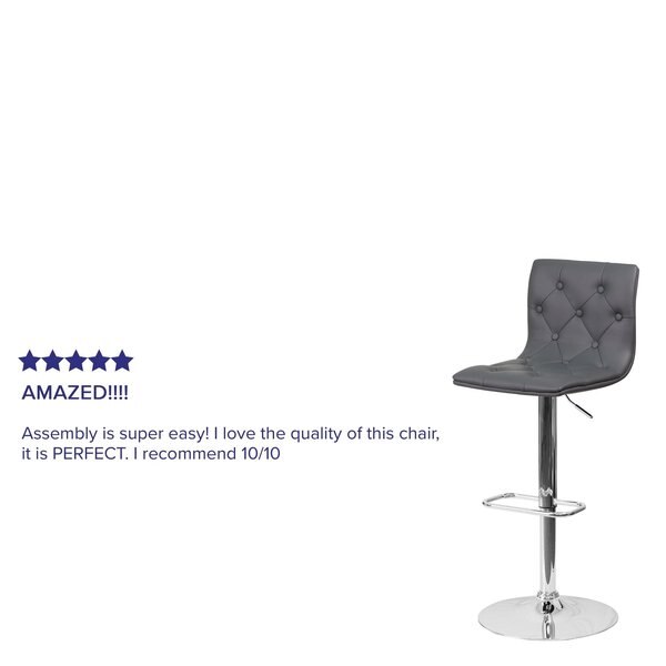 Button Tufted Gray Vinyl Adjustable Height Barstool, Chrome Base, PK2