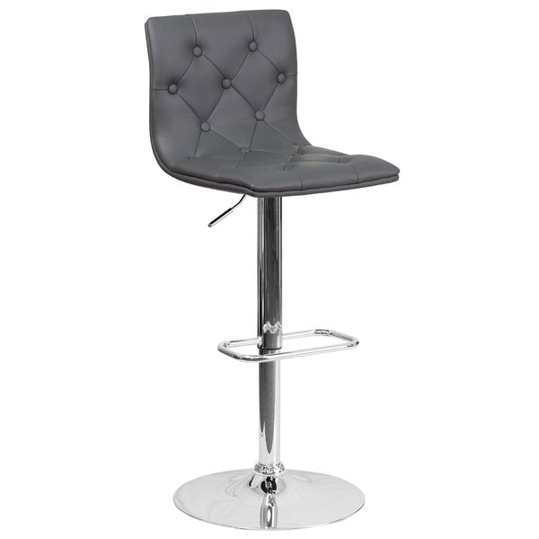 Button Tufted Gray Vinyl Adjustable Height Barstool, Chrome Base, PK2