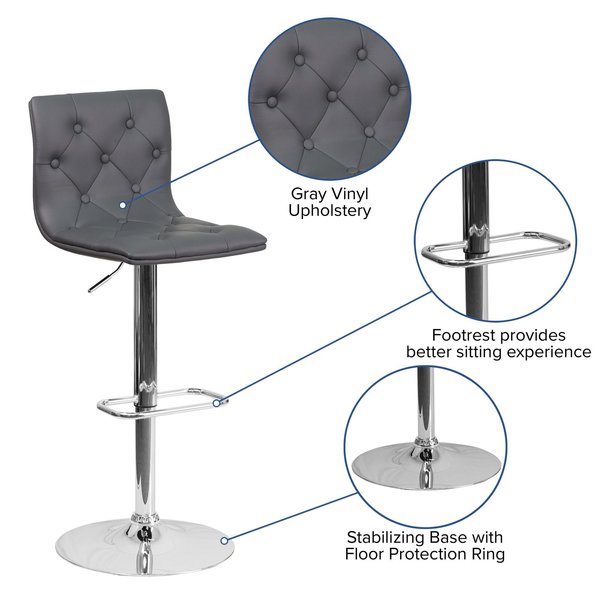 Button Tufted Gray Vinyl Adjustable Height Barstool, Chrome Base, PK2