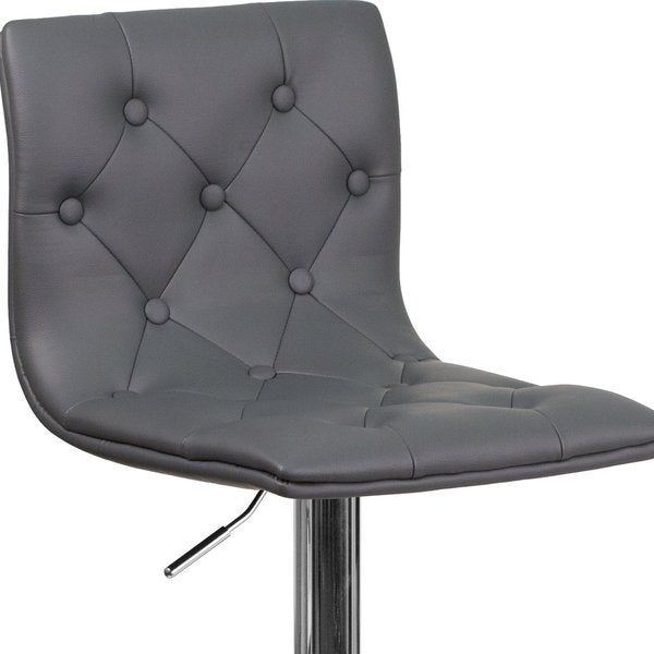 Button Tufted Gray Vinyl Adjustable Height Barstool, Chrome Base, PK2
