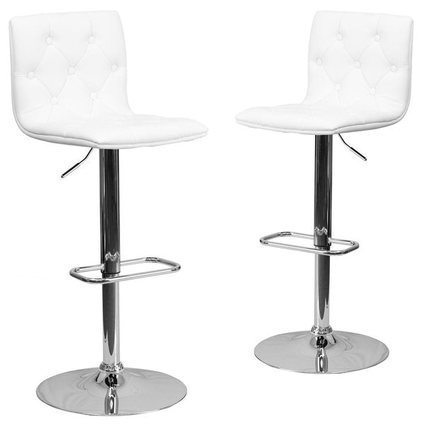 Button Tufted White Vinyl Adjustable Height Barstool, Chrome Base, PK2