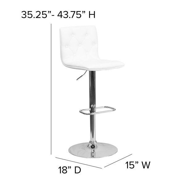 Button Tufted White Vinyl Adjustable Height Barstool, Chrome Base, PK2