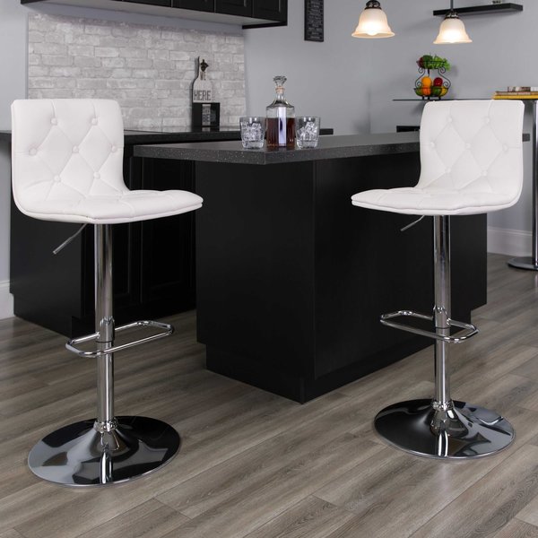 Button Tufted White Vinyl Adjustable Height Barstool, Chrome Base, PK2