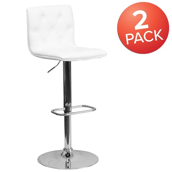 Button Tufted White Vinyl Adjustable Height Barstool, Chrome Base, PK2