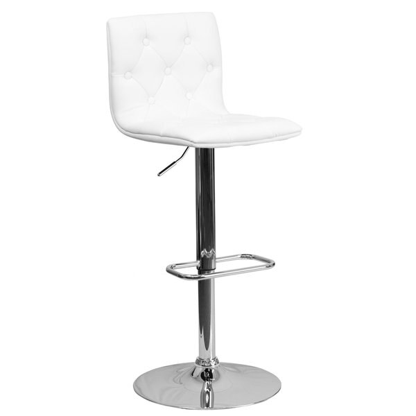 Button Tufted White Vinyl Adjustable Height Barstool, Chrome Base, PK2
