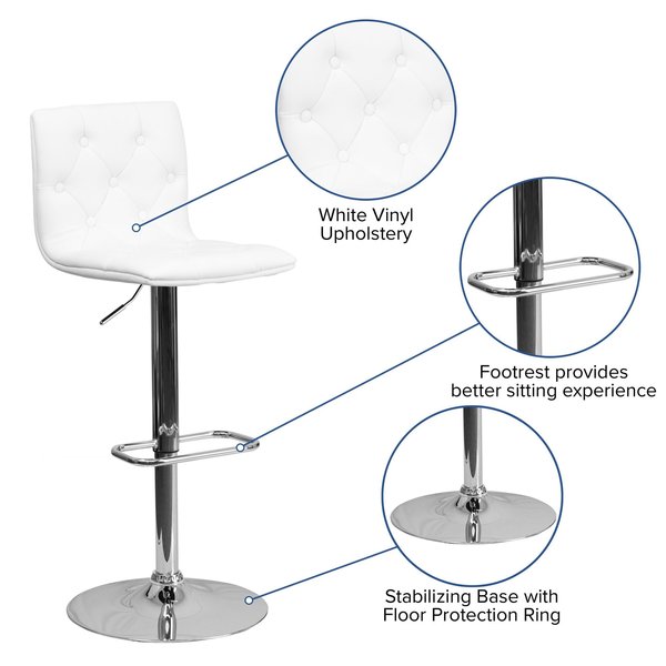 Button Tufted White Vinyl Adjustable Height Barstool, Chrome Base, PK2