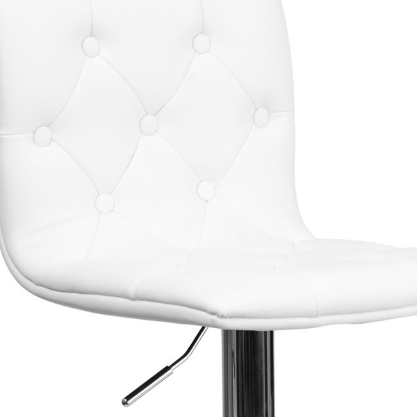 Button Tufted White Vinyl Adjustable Height Barstool, Chrome Base, PK2