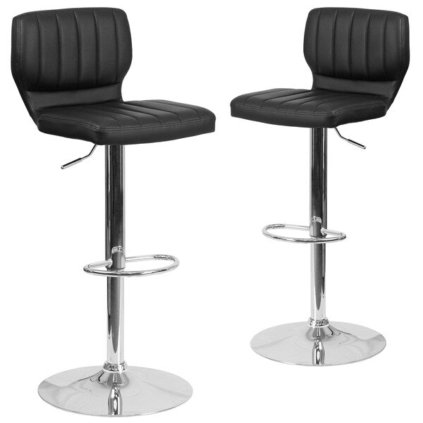 Black Vinyl Adjust Ht Barstool, Vertical Stitch Back, Chrome Base, PK2