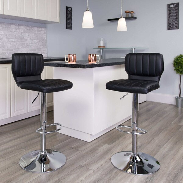 Black Vinyl Adjust Ht Barstool, Vertical Stitch Back, Chrome Base, PK2