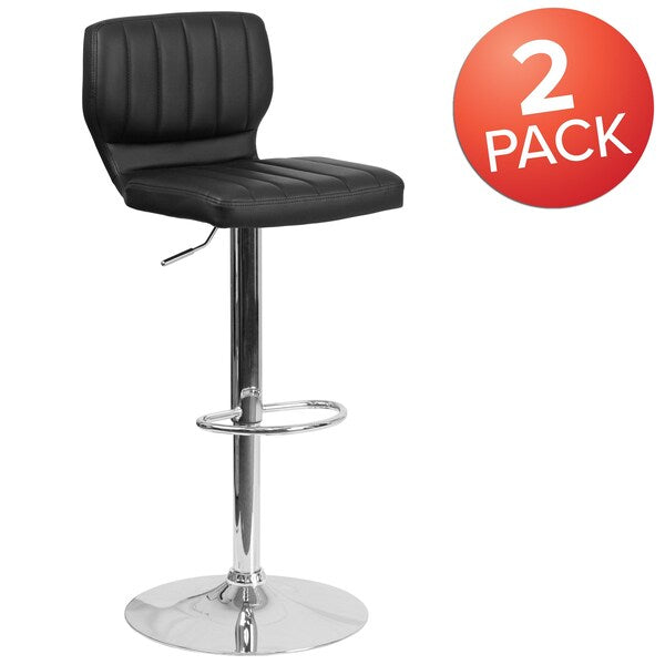 Black Vinyl Adjust Ht Barstool, Vertical Stitch Back, Chrome Base, PK2