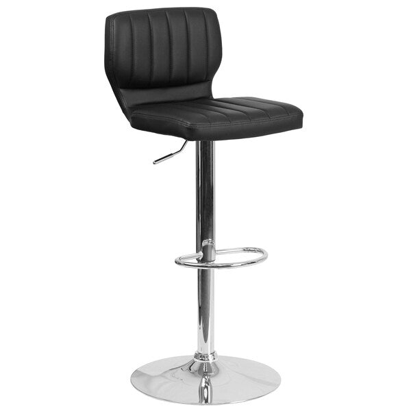 Black Vinyl Adjust Ht Barstool, Vertical Stitch Back, Chrome Base, PK2