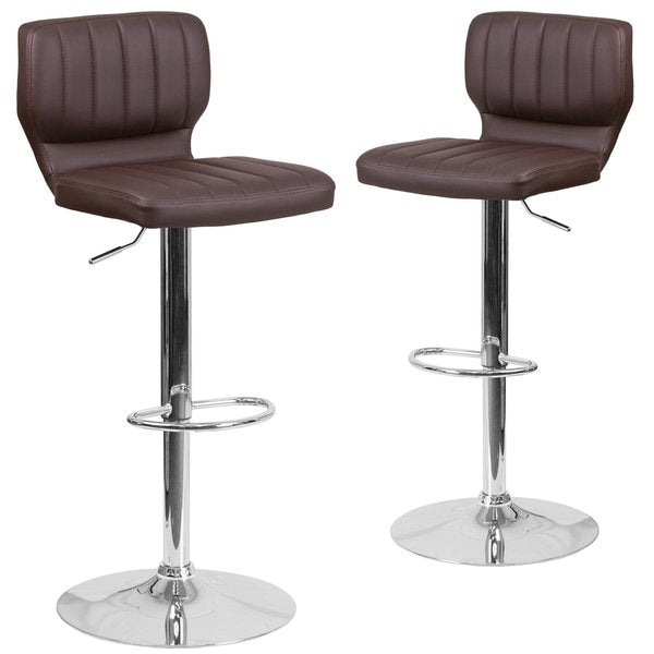 Brown Vinyl Adjust Ht Barstool, Vertical Stitch Back, Chrome Base, PK2