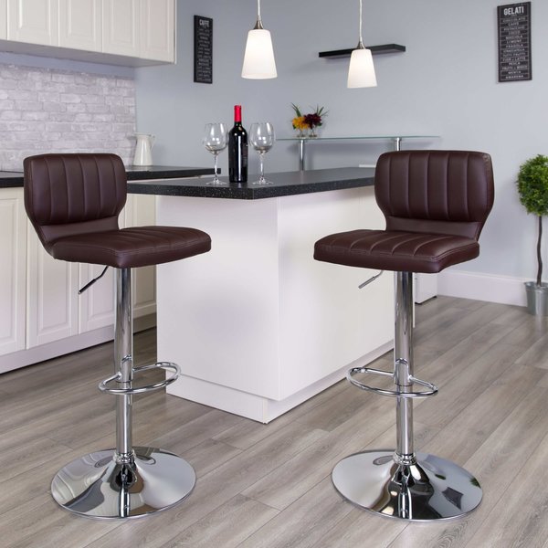 Brown Vinyl Adjust Ht Barstool, Vertical Stitch Back, Chrome Base, PK2