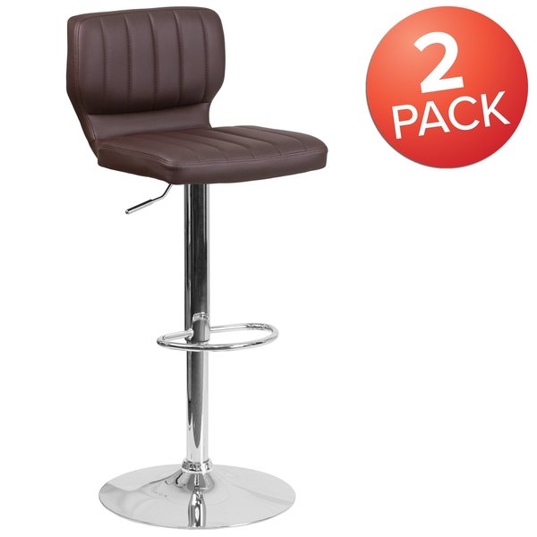 Brown Vinyl Adjust Ht Barstool, Vertical Stitch Back, Chrome Base, PK2