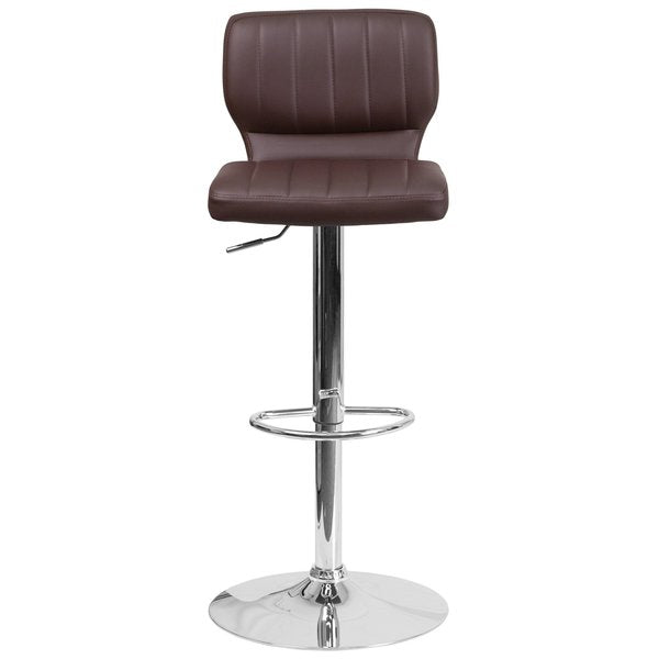 Brown Vinyl Adjust Ht Barstool, Vertical Stitch Back, Chrome Base, PK2