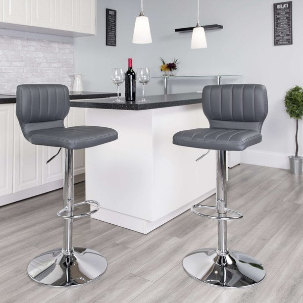 Gray Vinyl Adjust Height Barstool, Vertical Stitch Back, Chrome Base, PK2