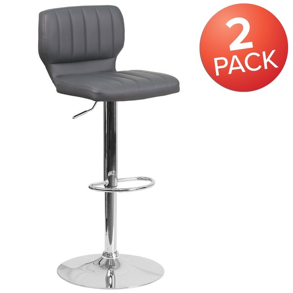 Gray Vinyl Adjust Height Barstool, Vertical Stitch Back, Chrome Base, PK2