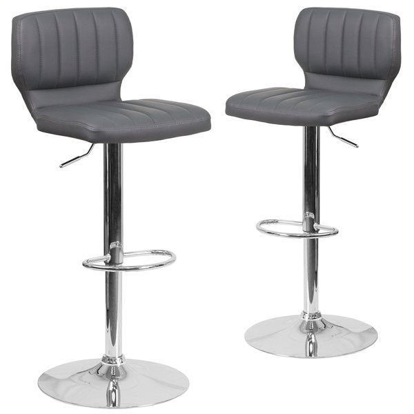 Gray Vinyl Adjust Height Barstool, Vertical Stitch Back, Chrome Base, PK2