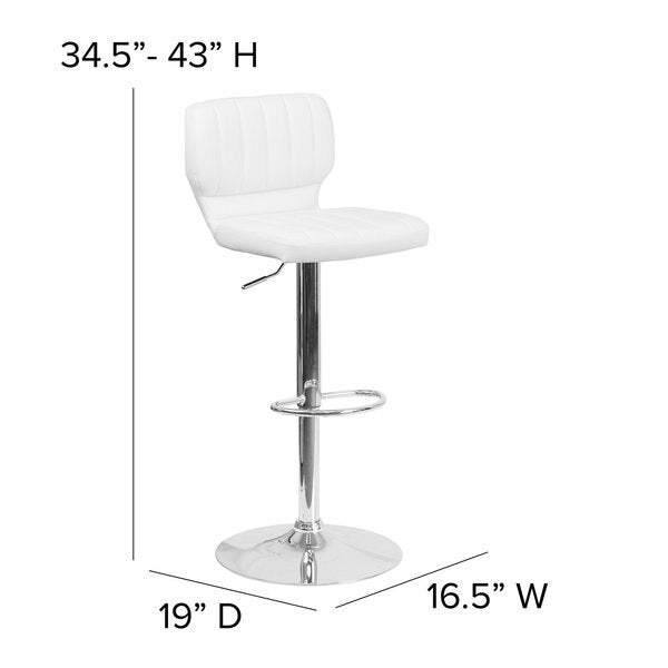 White Vinyl Adjust Ht Barstool, Vertical Stitch Back, Chrome Base, PK2