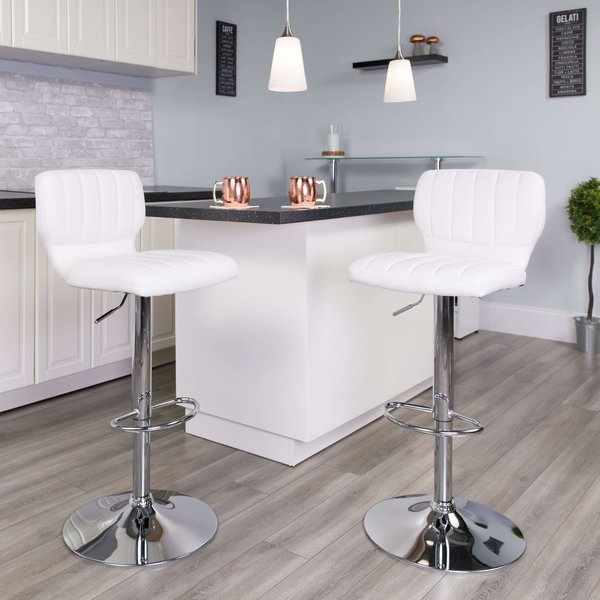 White Vinyl Adjust Ht Barstool, Vertical Stitch Back, Chrome Base, PK2