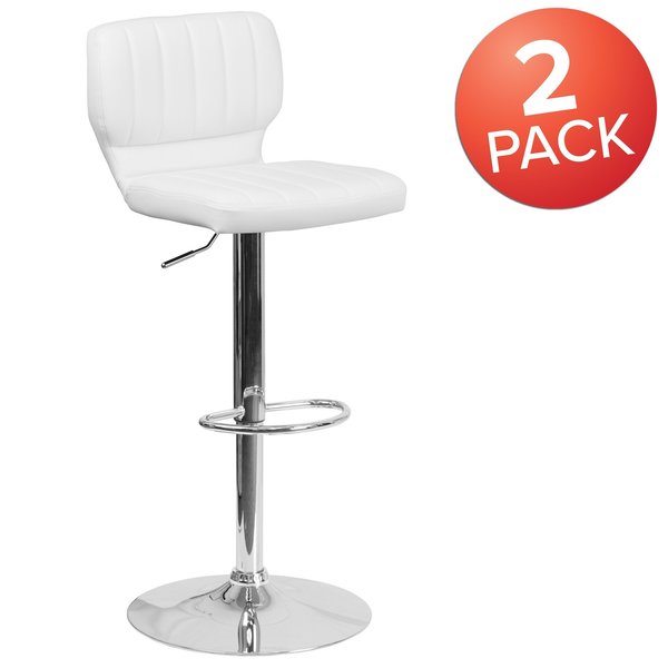 White Vinyl Adjust Ht Barstool, Vertical Stitch Back, Chrome Base, PK2