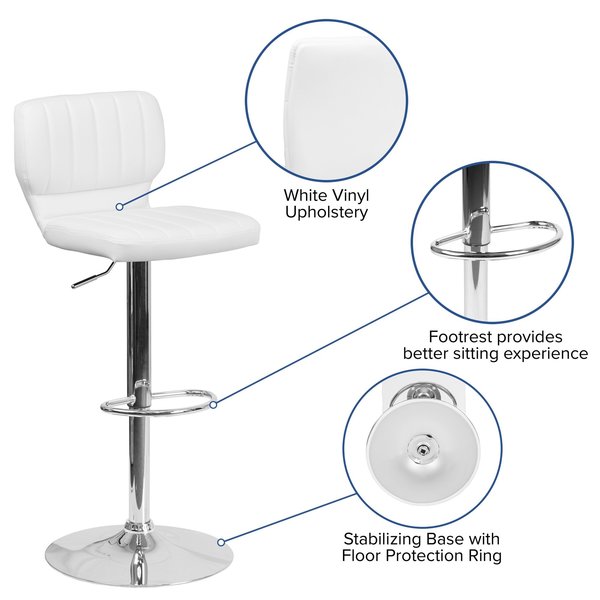White Vinyl Adjust Ht Barstool, Vertical Stitch Back, Chrome Base, PK2