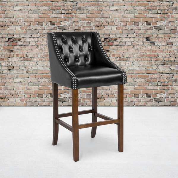 Black Leather/Wood Stool, 30