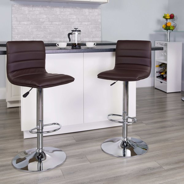 Brown Vinyl Adjust Barstool, Counter Ht Swivel, Chrome Pedestal Base, PK2
