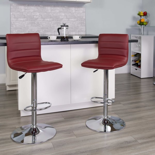 Burgundy Vinyl Adjust Barstool, Counter Ht Swivel, Chrome Ped Base, PK2