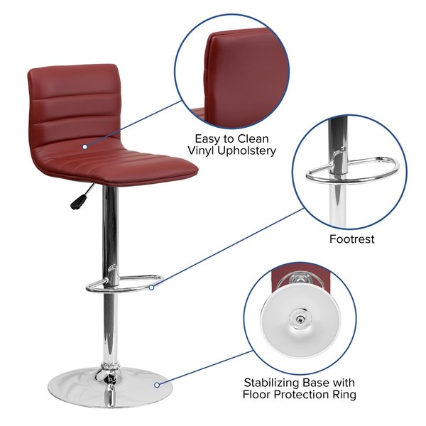 Burgundy Vinyl Adjust Barstool, Counter Ht Swivel, Chrome Ped Base, PK2